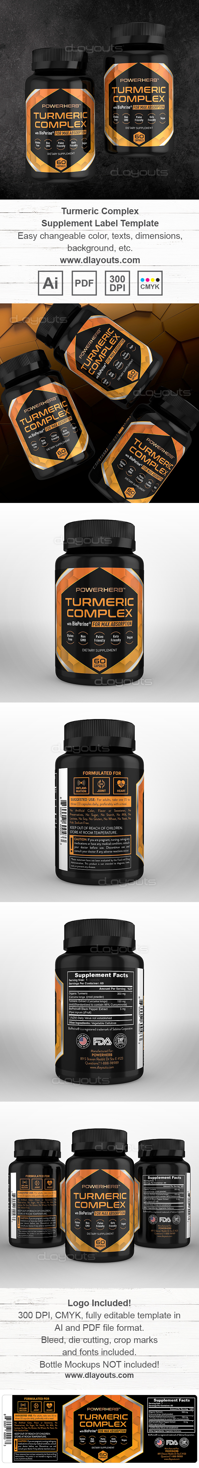 Turmeric Complex with BioPerine Supplement Label Template