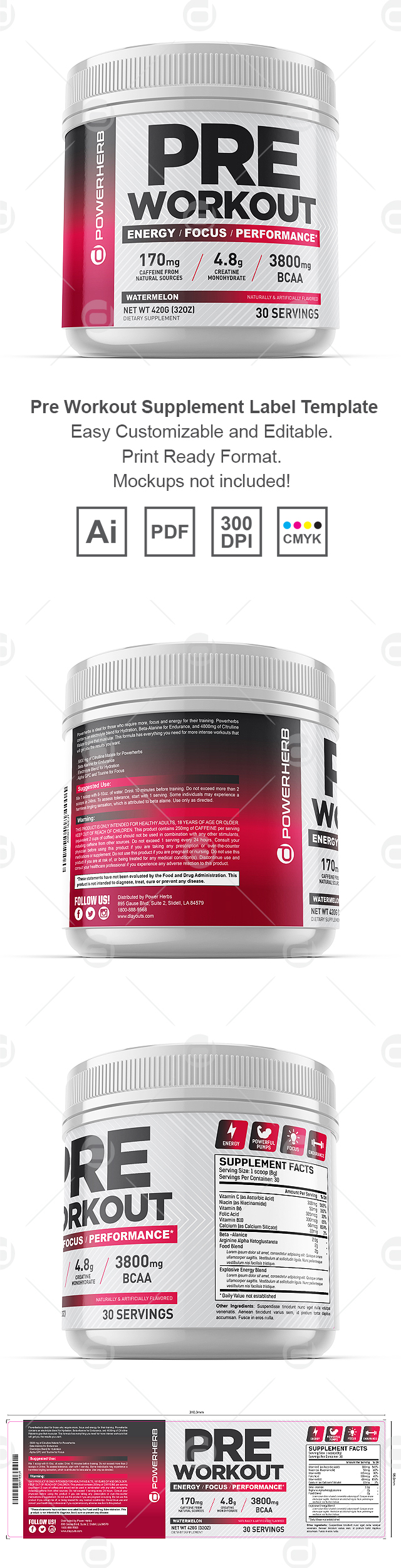 Pre Workout Powder Supplement Label Template